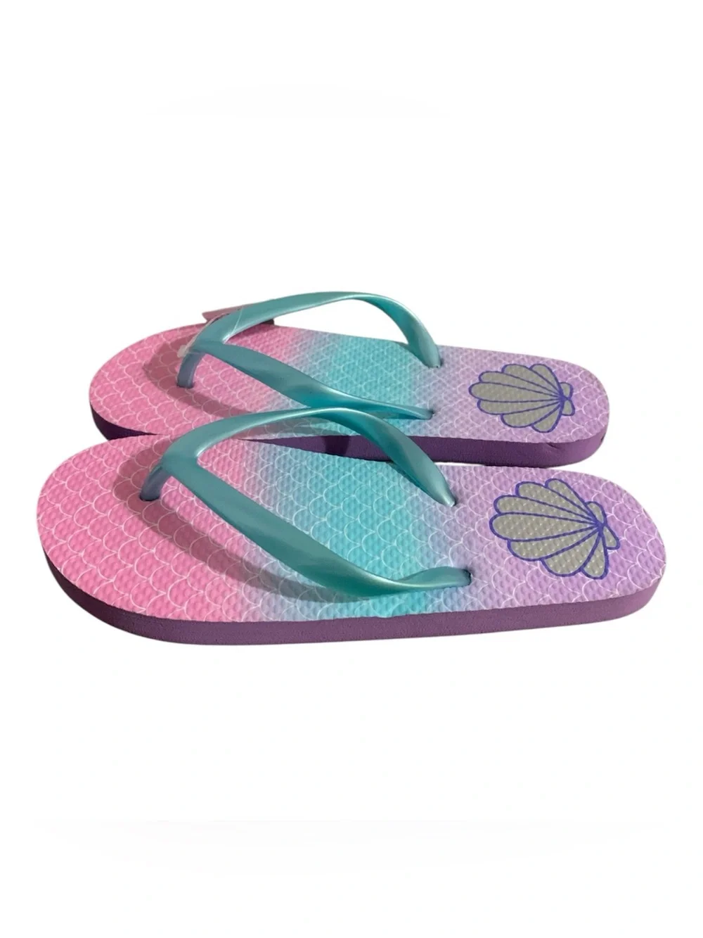 The Children's Place Pink Purple Teal Mermaid Shell Flip Flops Girl 12/13